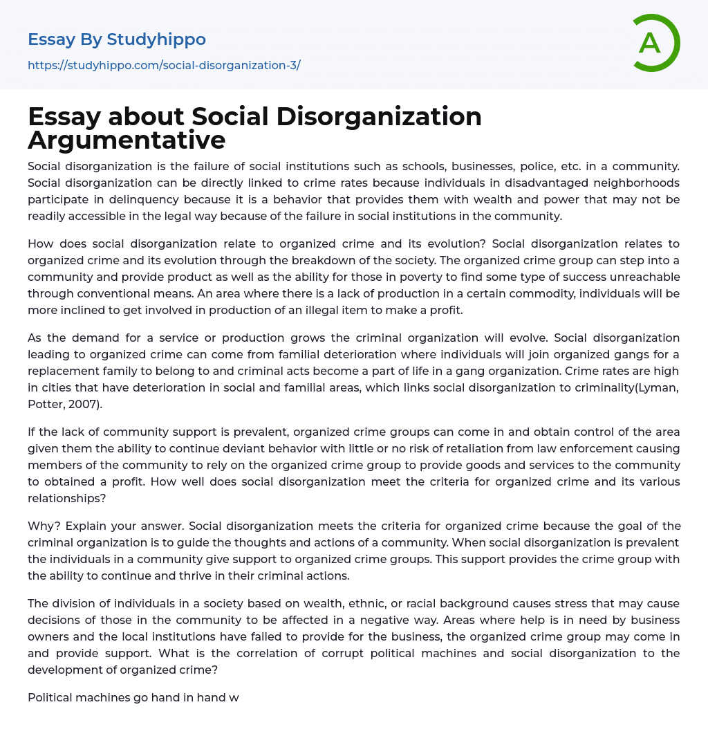 Essay about Social Disorganization Argumentative