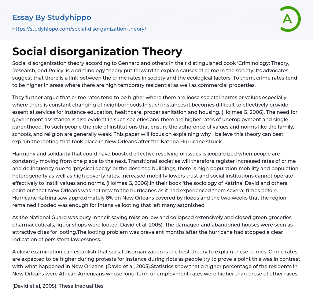 Social disorganization Theory Essay Example
