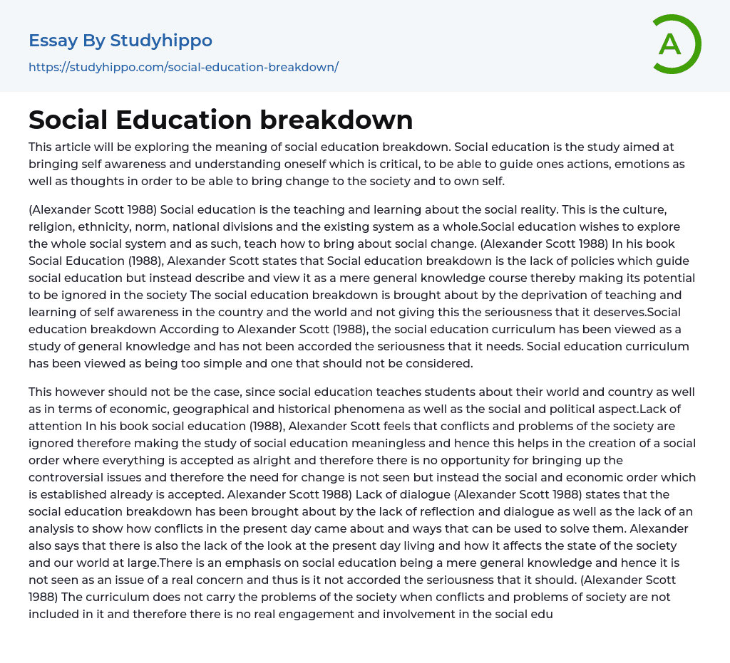 Social Education breakdown Essay Example