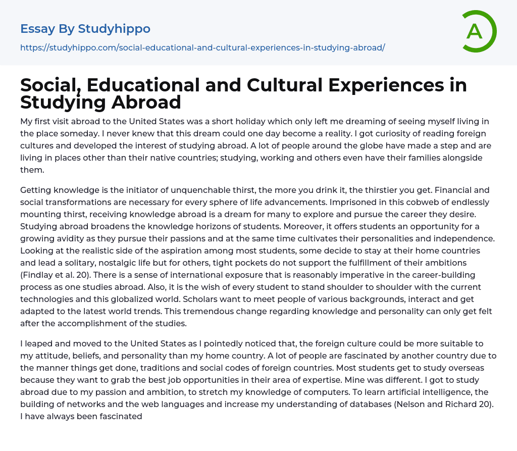 Social, Educational and Cultural Experiences in Studying Abroad Essay Example