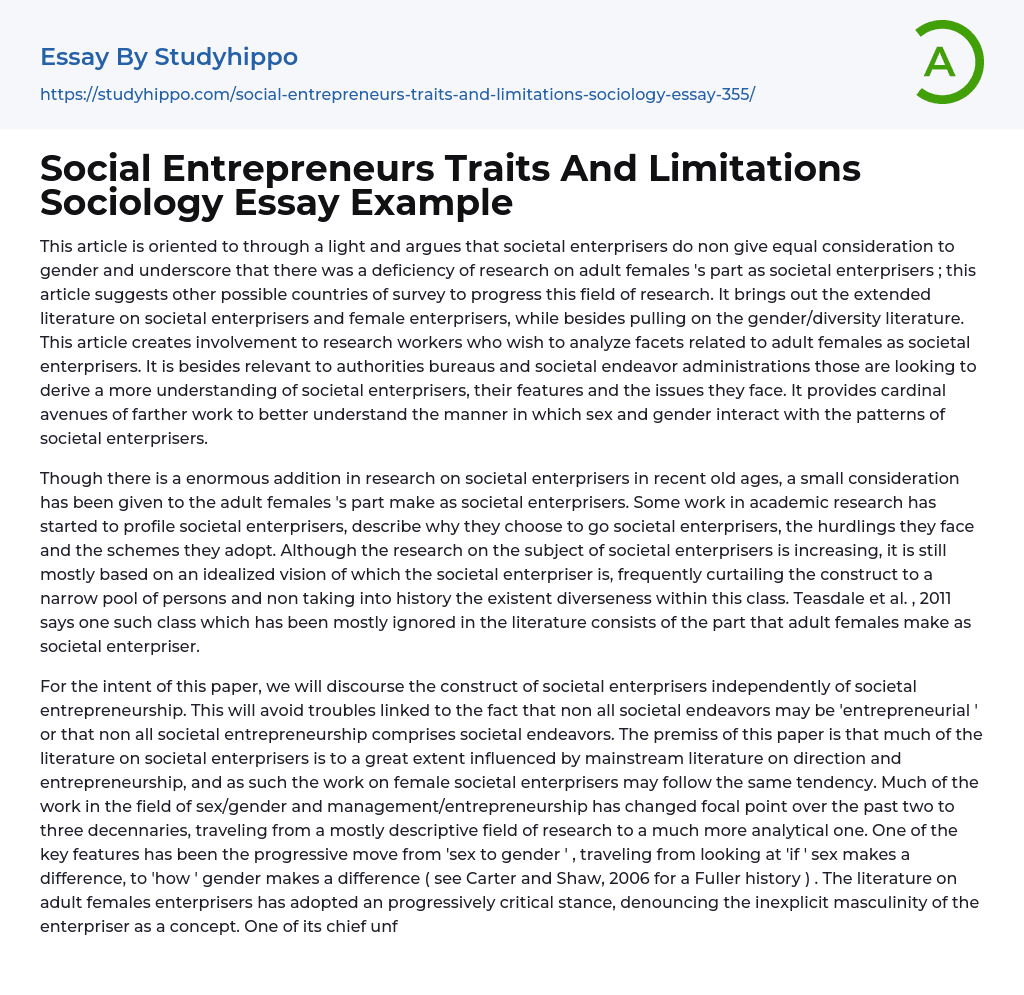Social Entrepreneurs Traits And Limitations Sociology Essay Example
