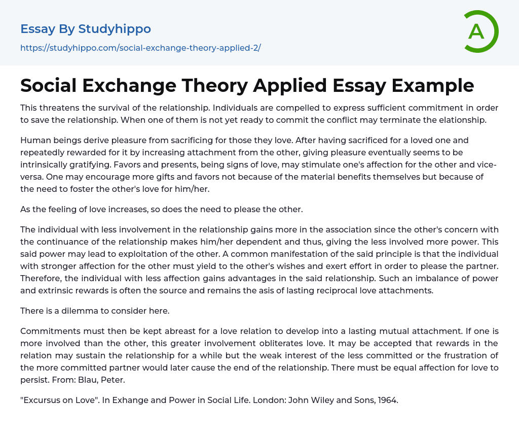 Social Exchange Theory Applied Essay Example