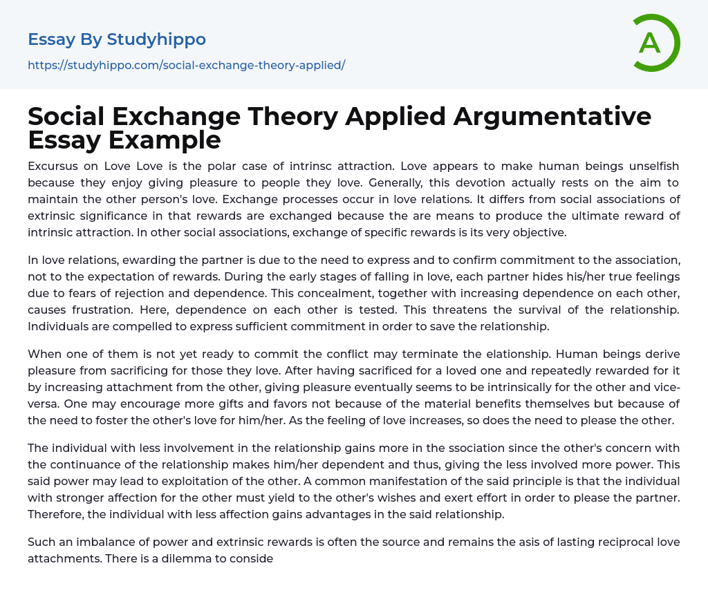 Social Exchange Theory Applied Argumentative Essay Example