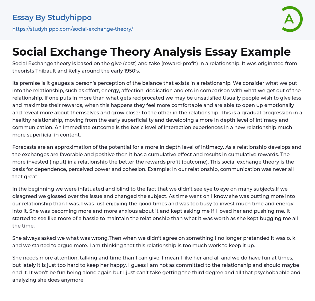 Social Exchange Theory Analysis Essay Example