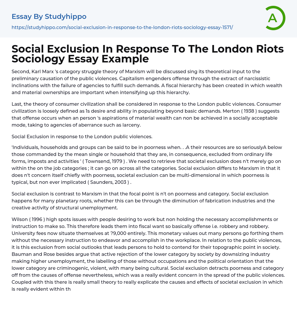 Social Exclusion In Response To The London Riots Sociology Essay Example