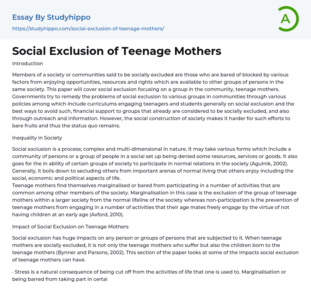 Social Exclusion of Teenage Mothers Essay Example