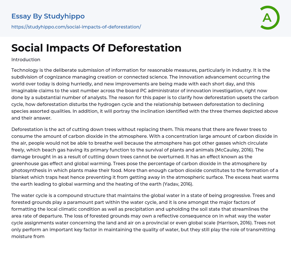 Social Impacts Of Deforestation Essay Example