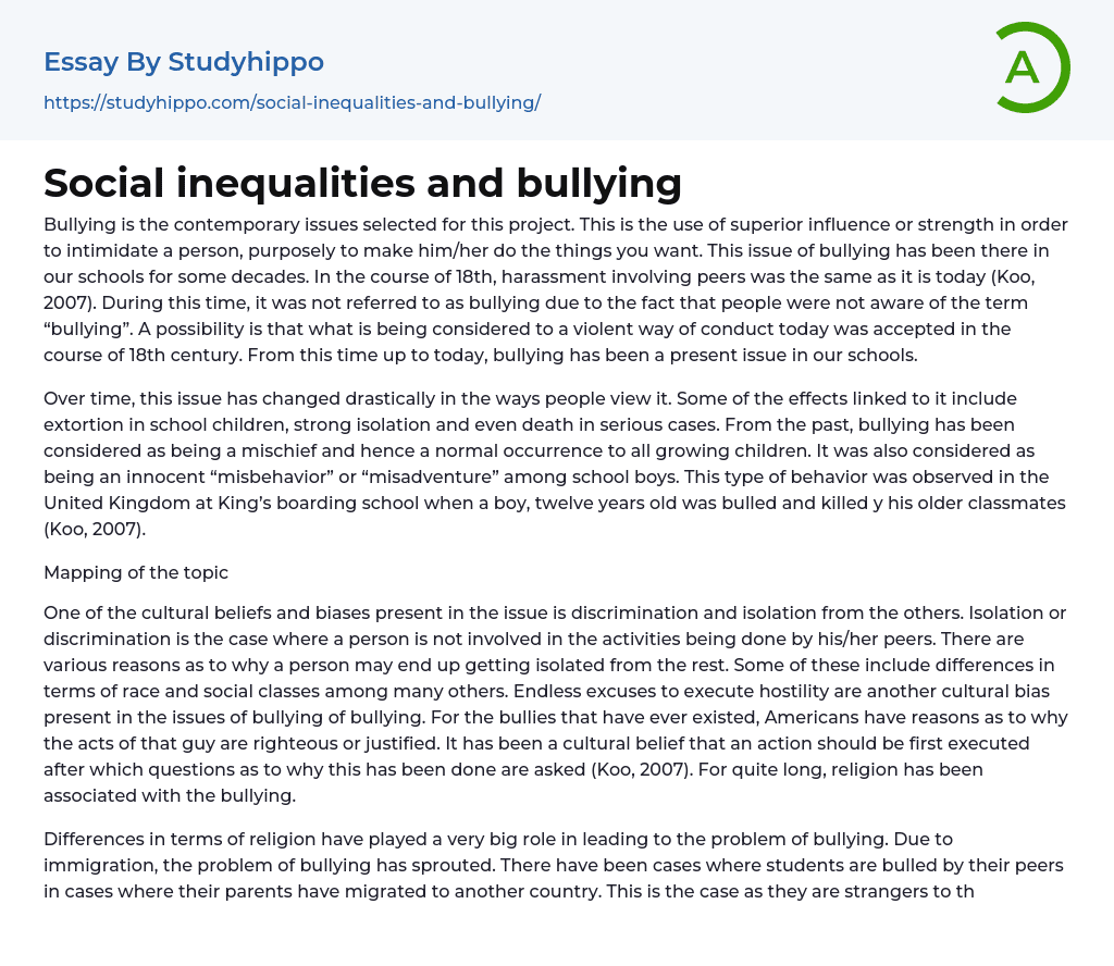 Social inequalities and bullying Essay Example