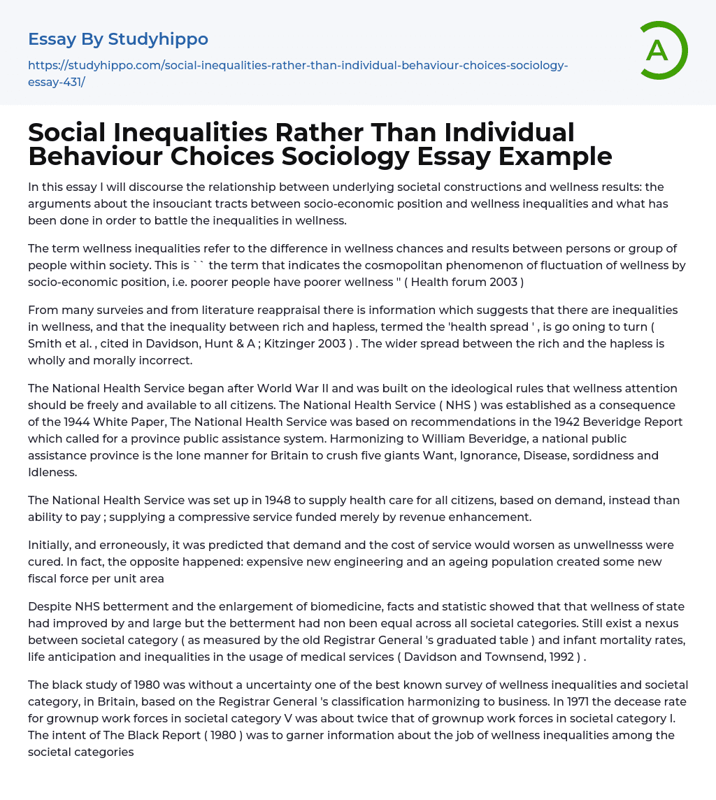 Social Inequalities Rather Than Individual Behaviour Choices Sociology Essay Example