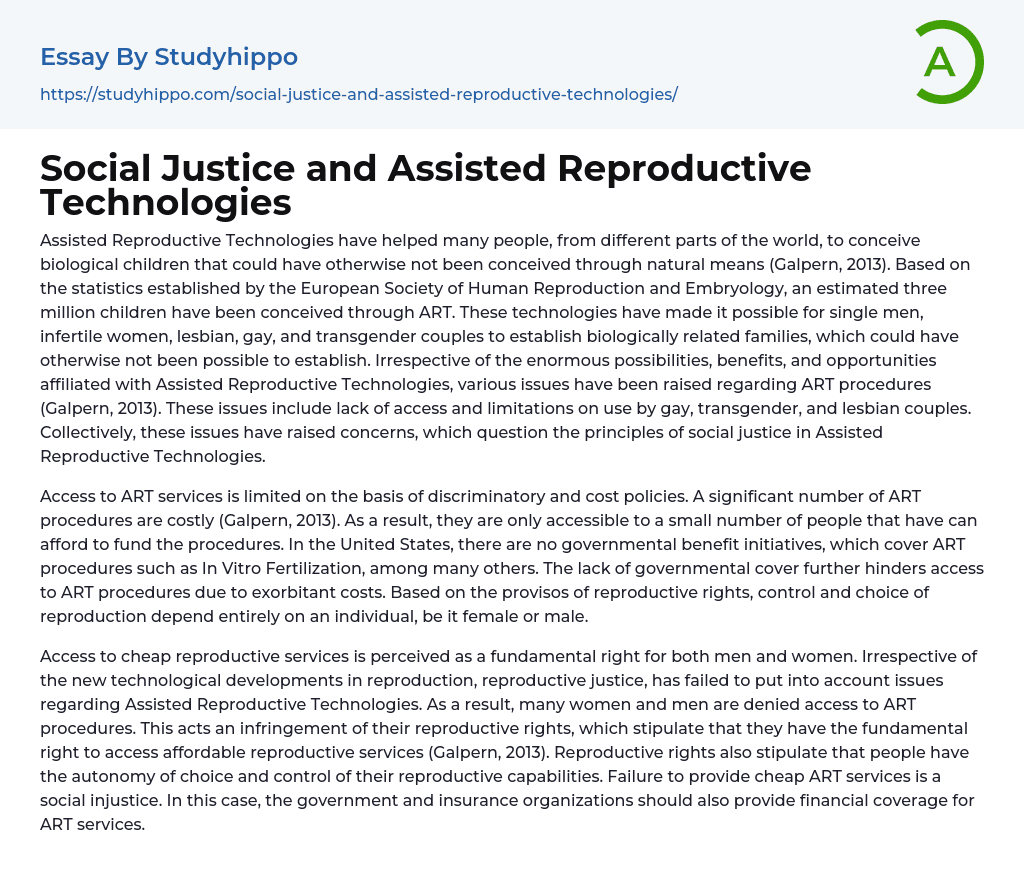 Social Justice and Assisted Reproductive Technologies Essay Example