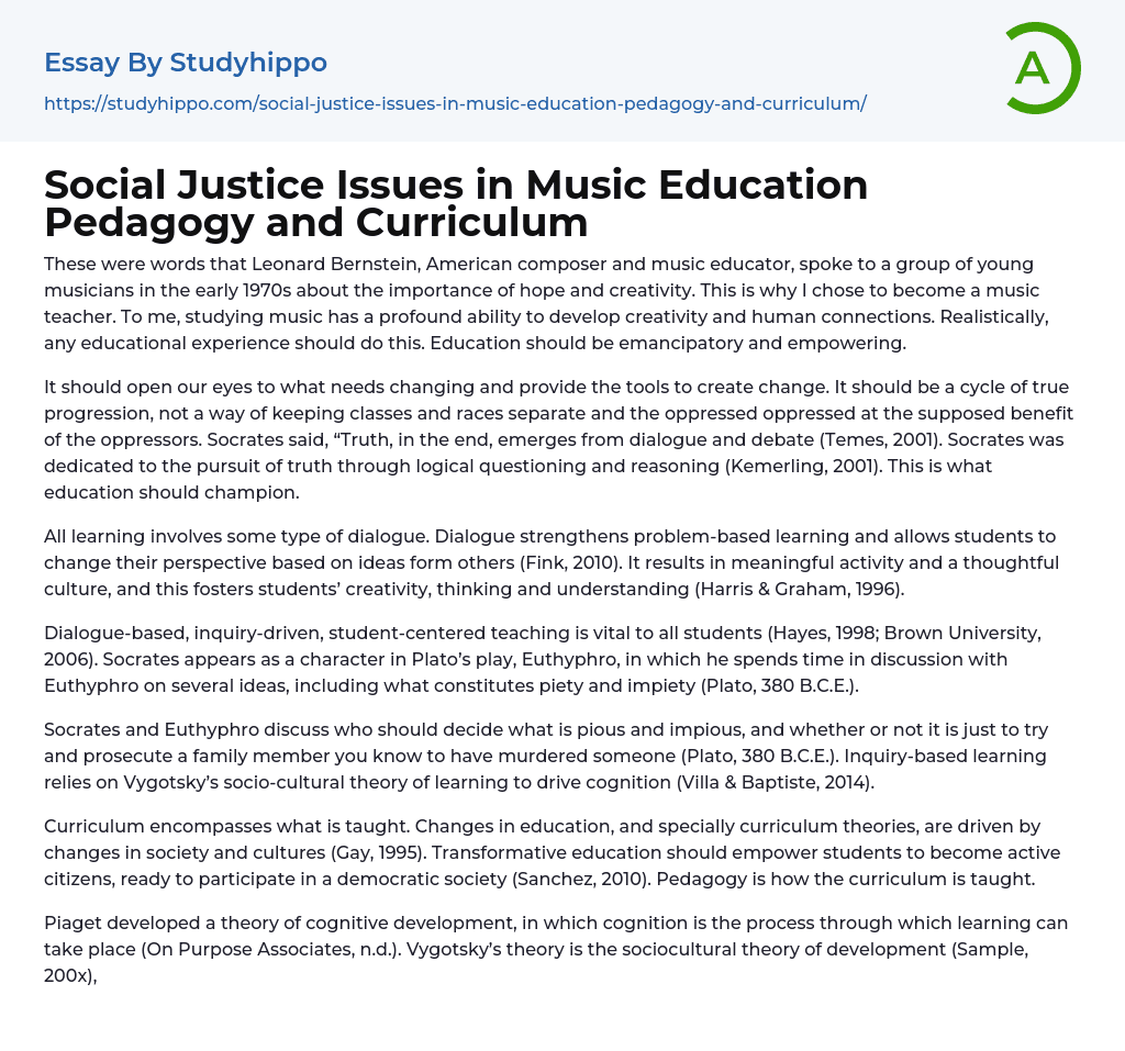 Social Justice Issues in Music Education Pedagogy and Curriculum Essay Example