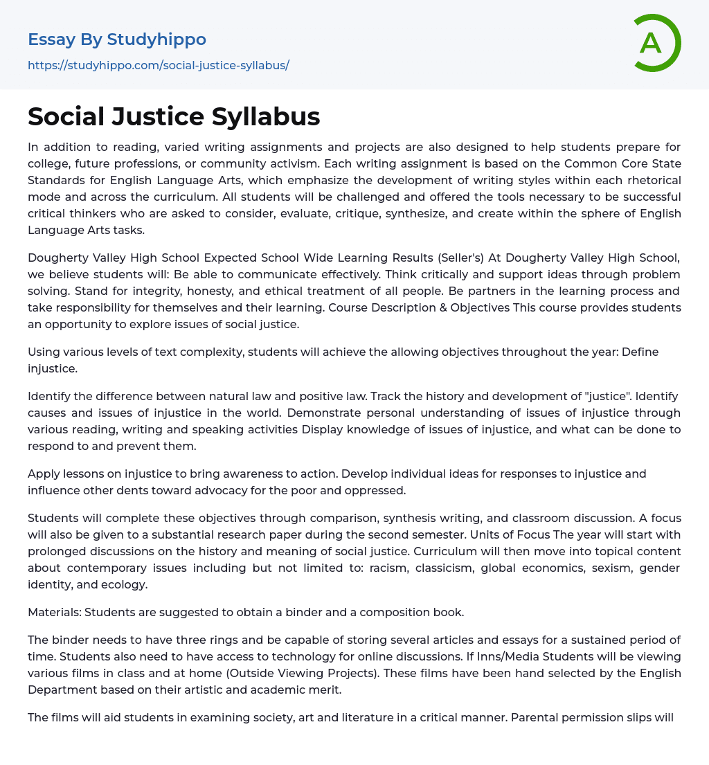 Social Justice Syllabus Essay Example
