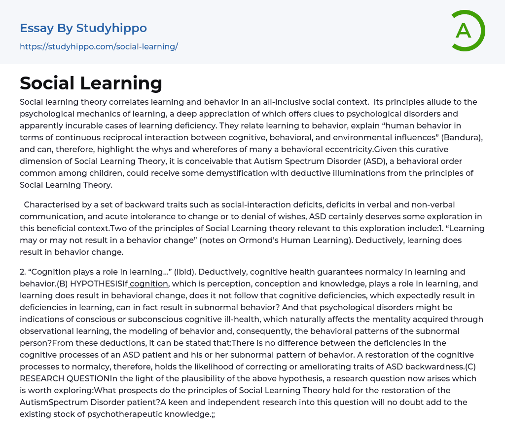 Social Learning Essay Example