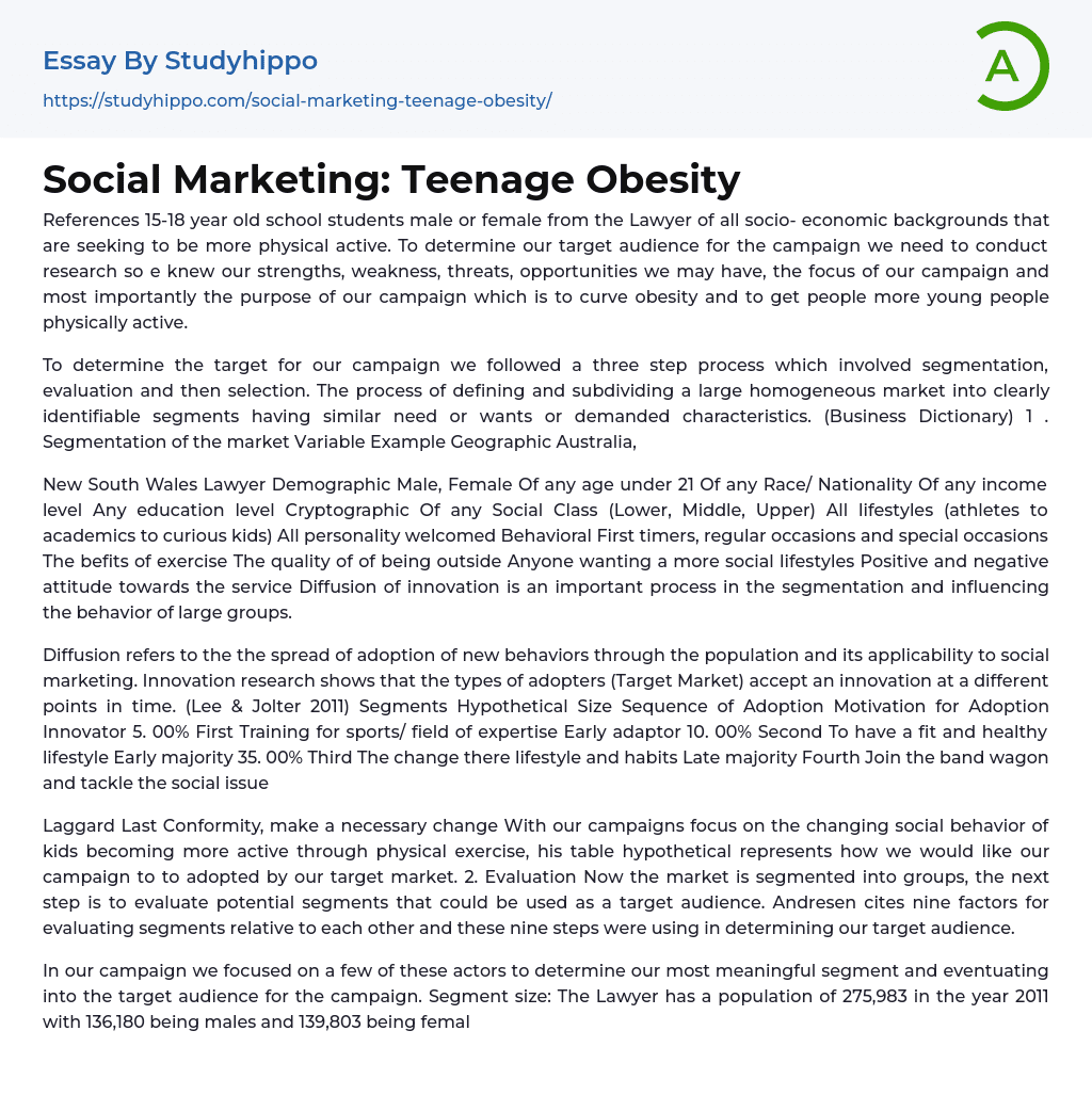 Social Marketing: Teenage Obesity Essay Example