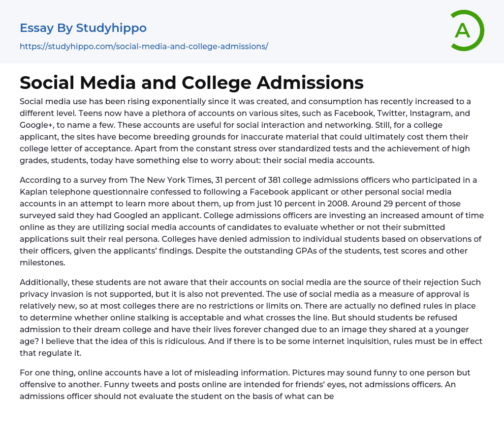 Social Media and College Admissions Essay Example
