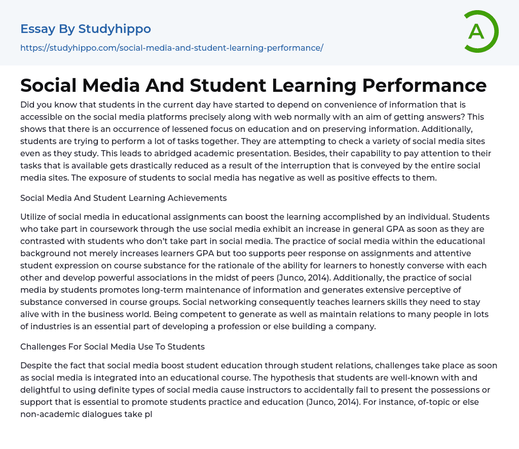 Social Media And Student Learning Performance Essay Example