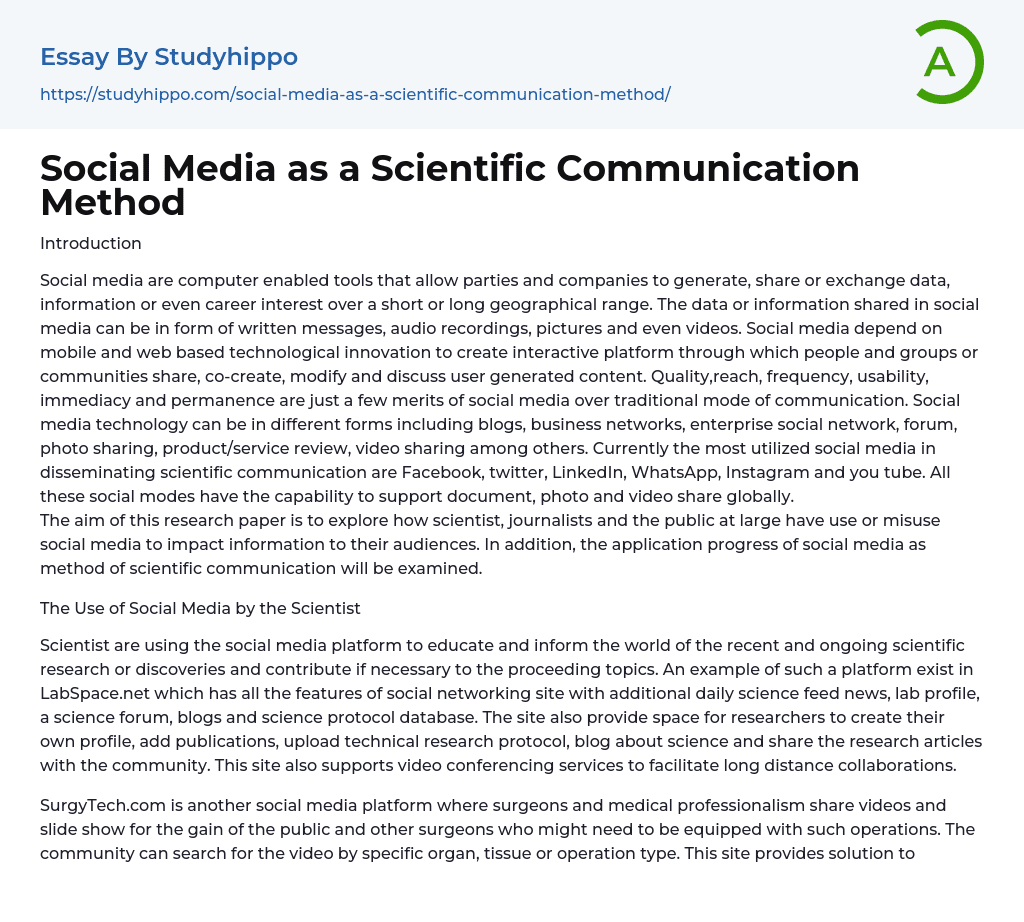 Social Media as a Scientific Communication Method Essay Example