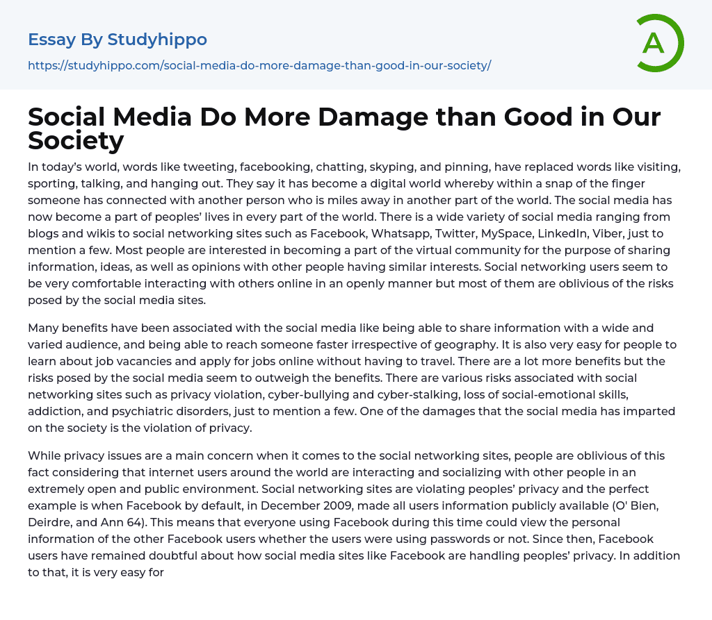 Social Media Do More Damage than Good in Our Society Essay Example