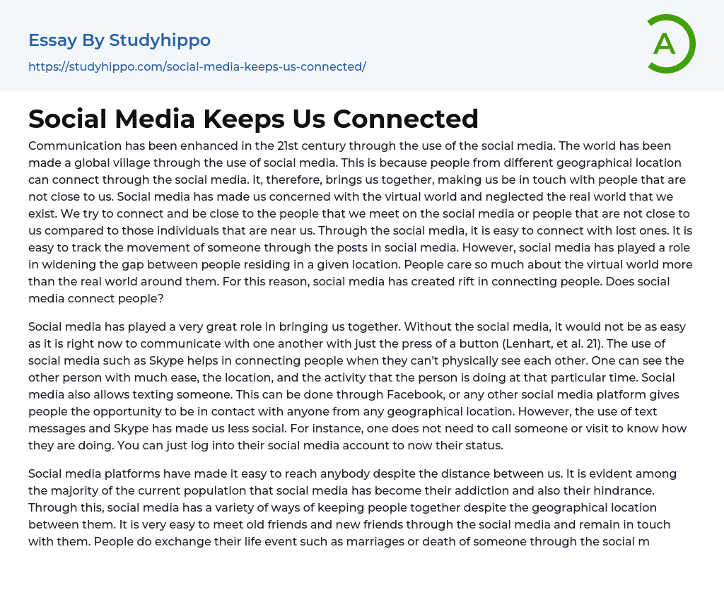 Social Media Keeps Us Connected Essay Example