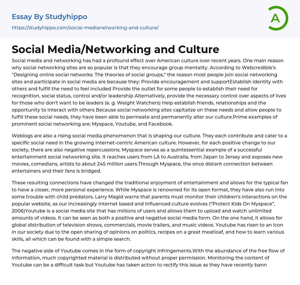 Social Media/Networking and Culture Essay Example