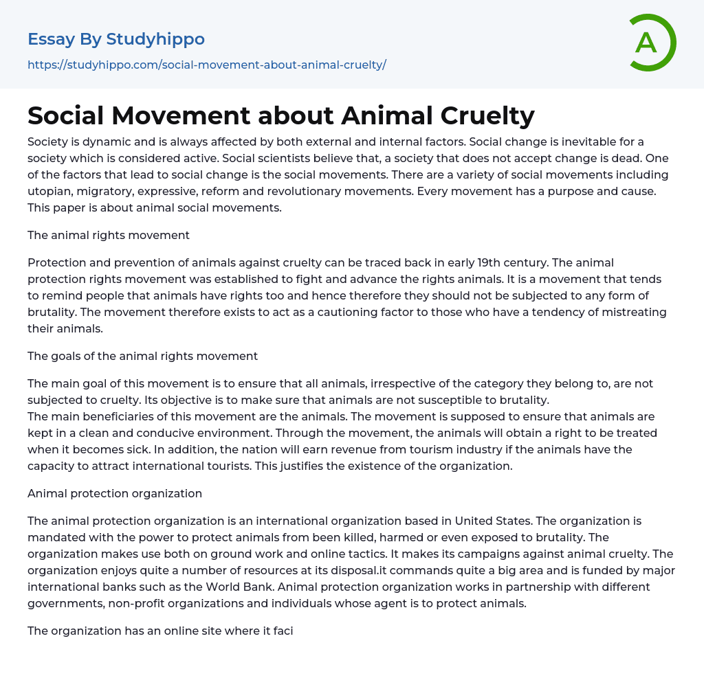 Social Movement about Animal Cruelty Essay Example
