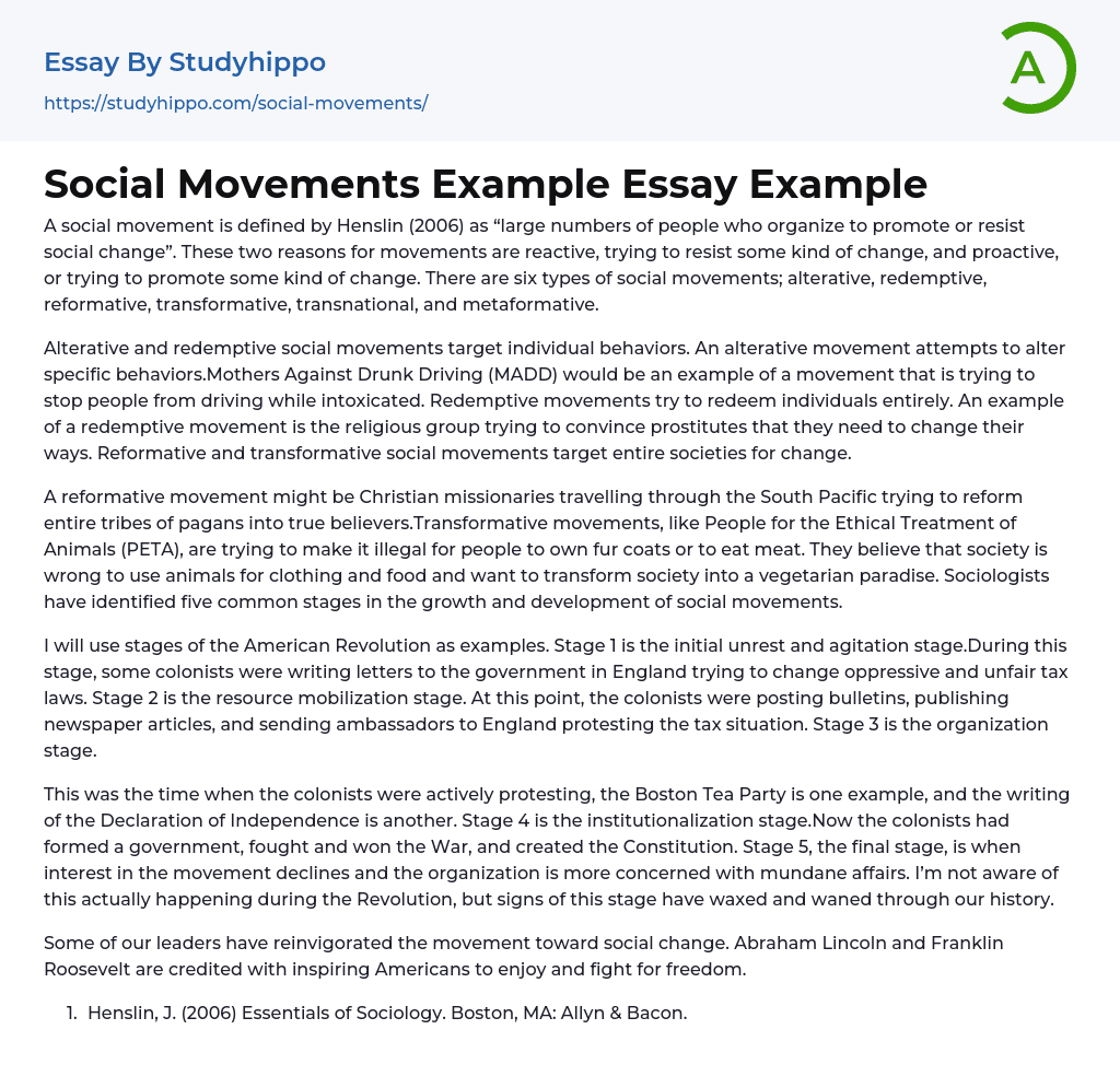 Social Movements Example Essay Example