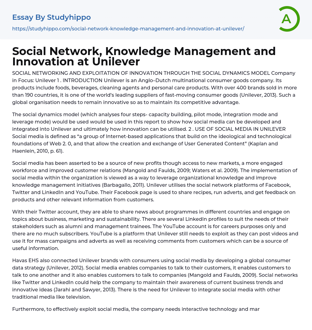 Social Network, Knowledge Management and Innovation at Unilever Essay Example