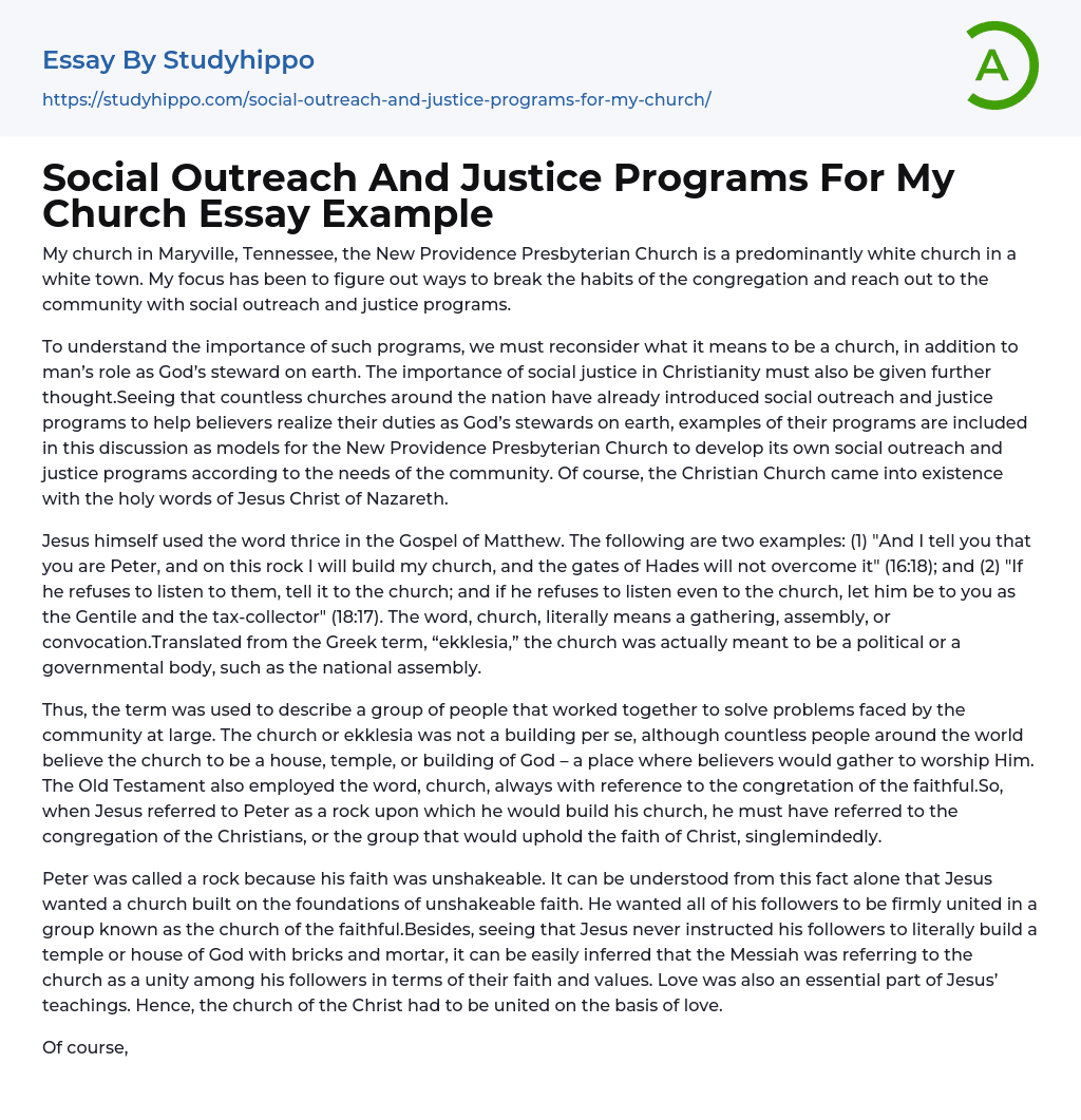 Social Outreach And Justice Programs For My Church Essay Example