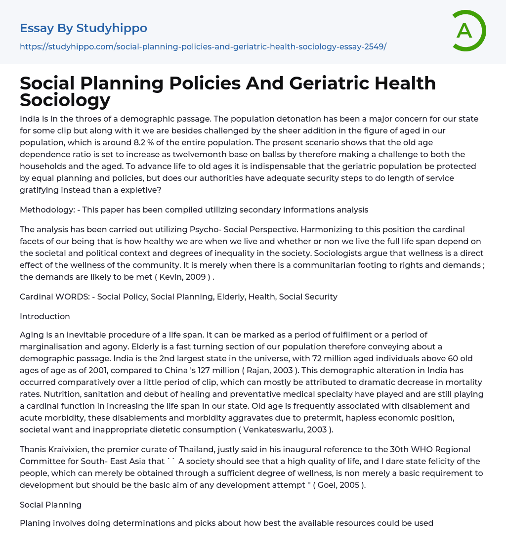 Social Planning Policies And Geriatric Health Sociology Essay Example