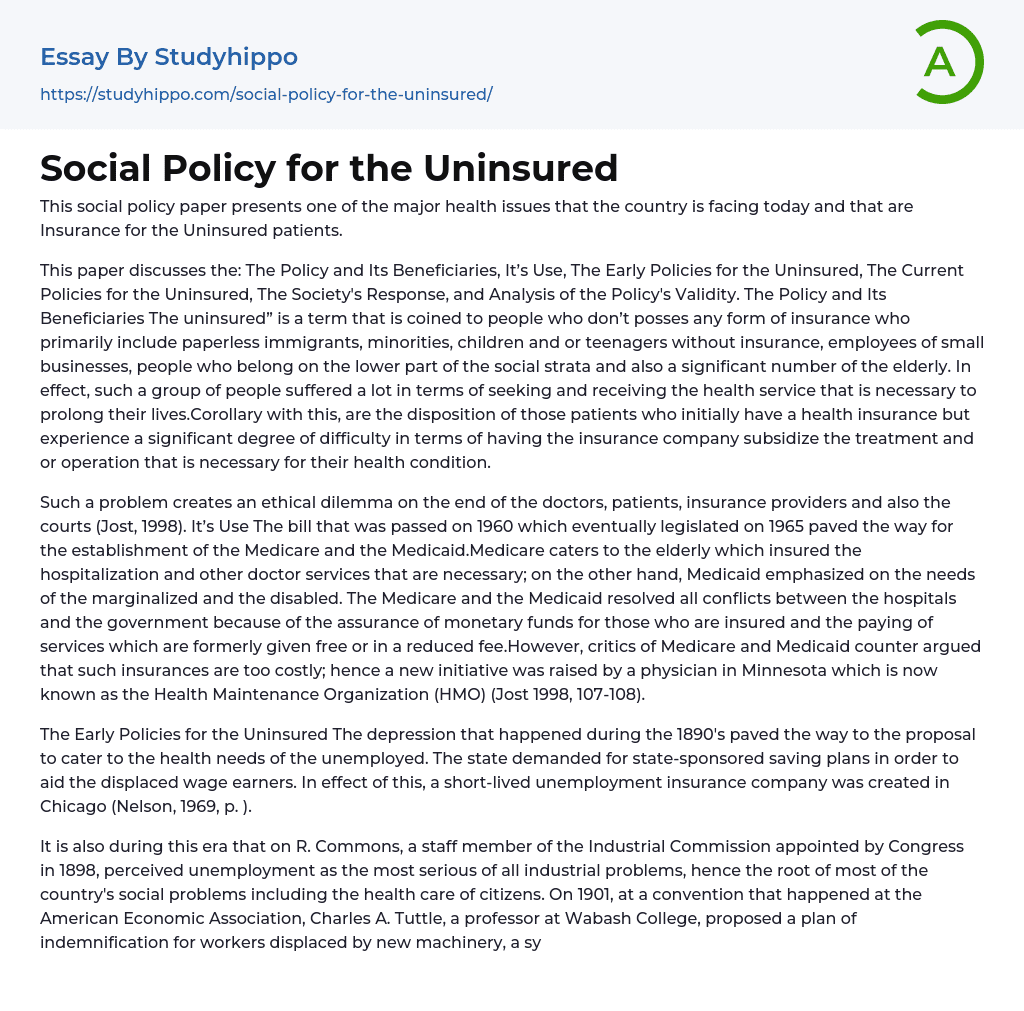 Social Policy for the Uninsured Essay Example