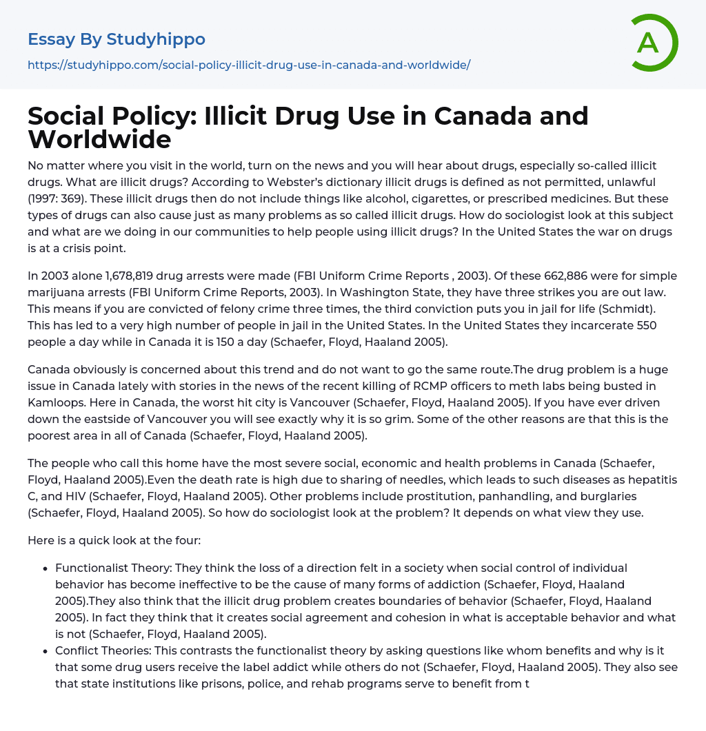 Social Policy: Illicit Drug Use in Canada and Worldwide Essay Example