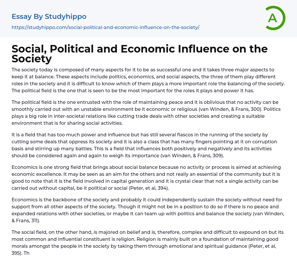 Social, Political and Economic Influence on the Society Essay Example
