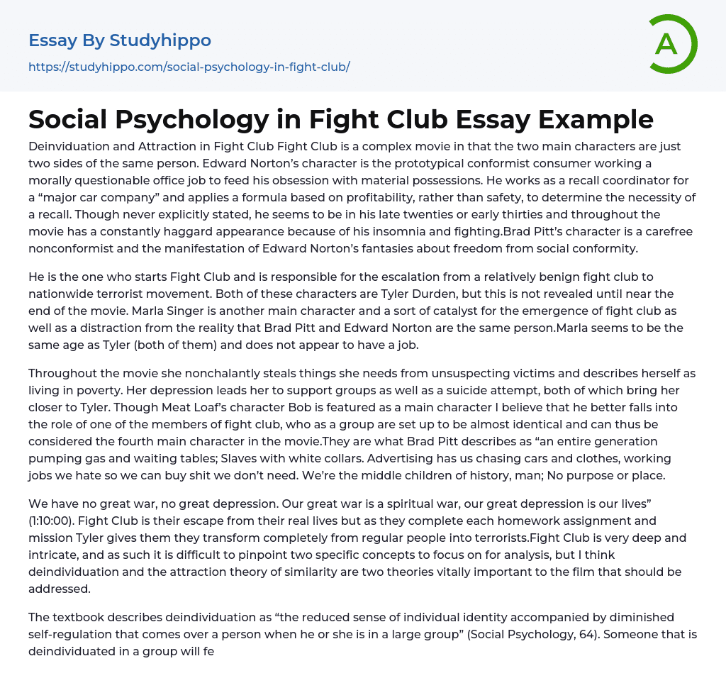 Social Psychology in Fight Club Essay Example