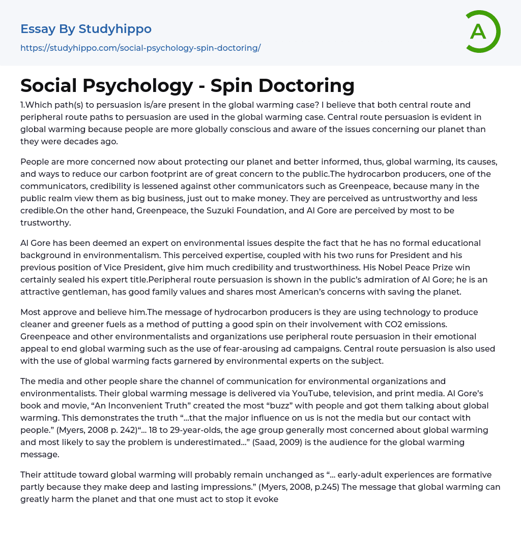 Social Psychology – Spin Doctoring Essay Example