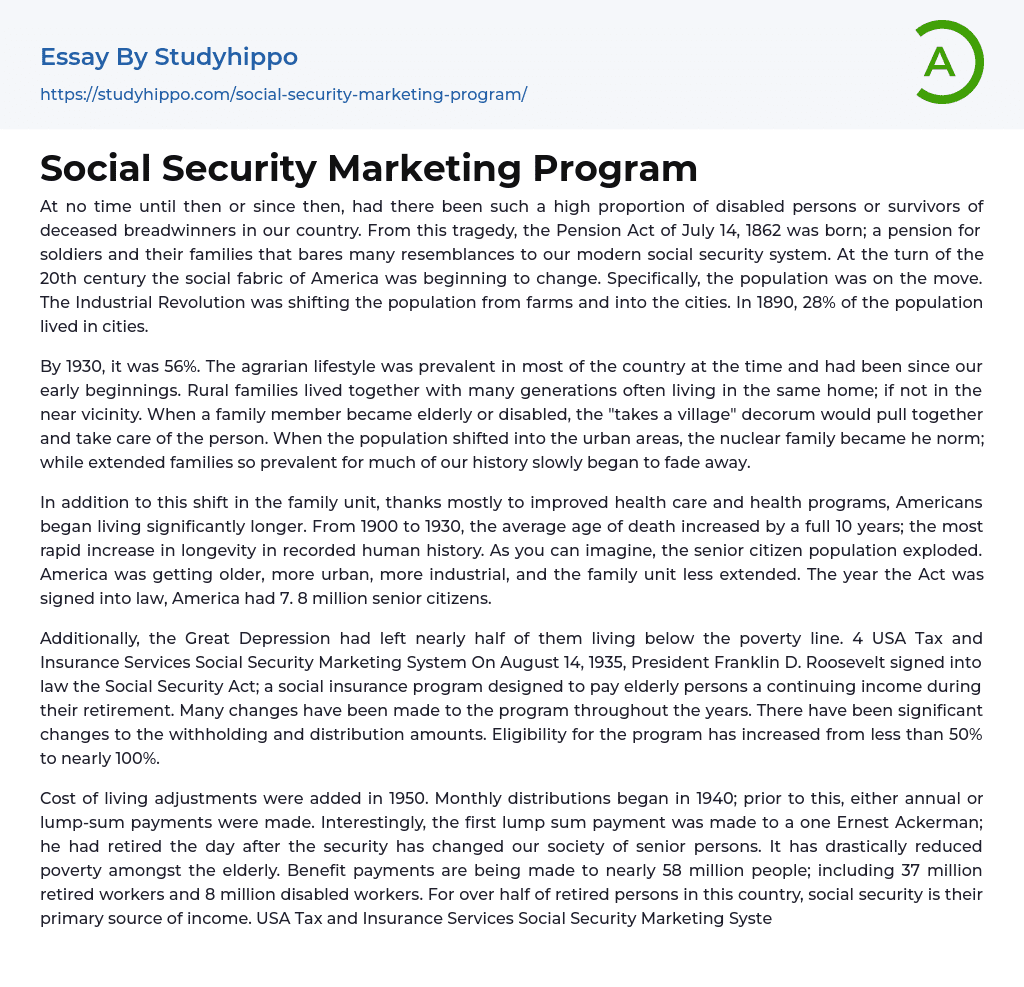 Social Security Marketing Program Essay Example