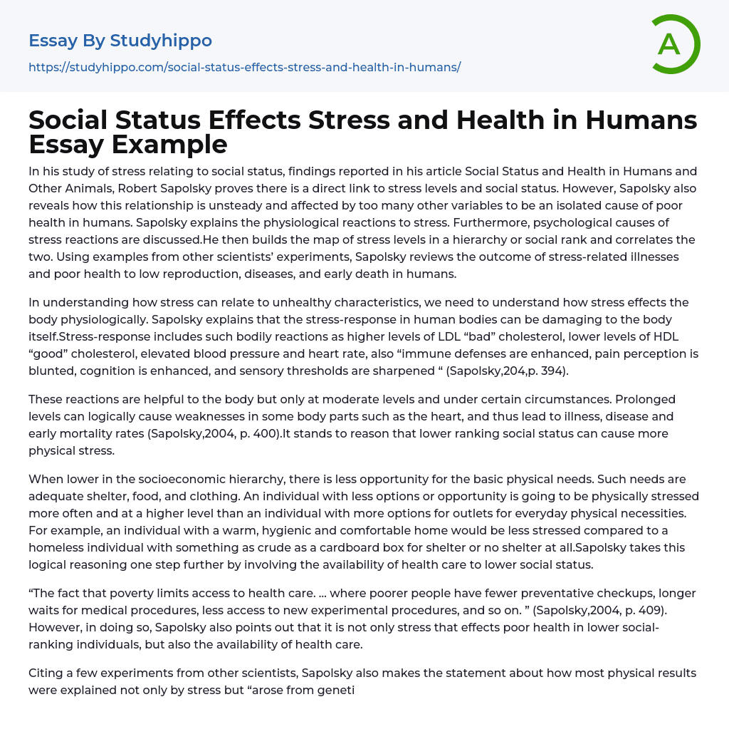Social Status Effects Stress and Health in Humans Essay Example