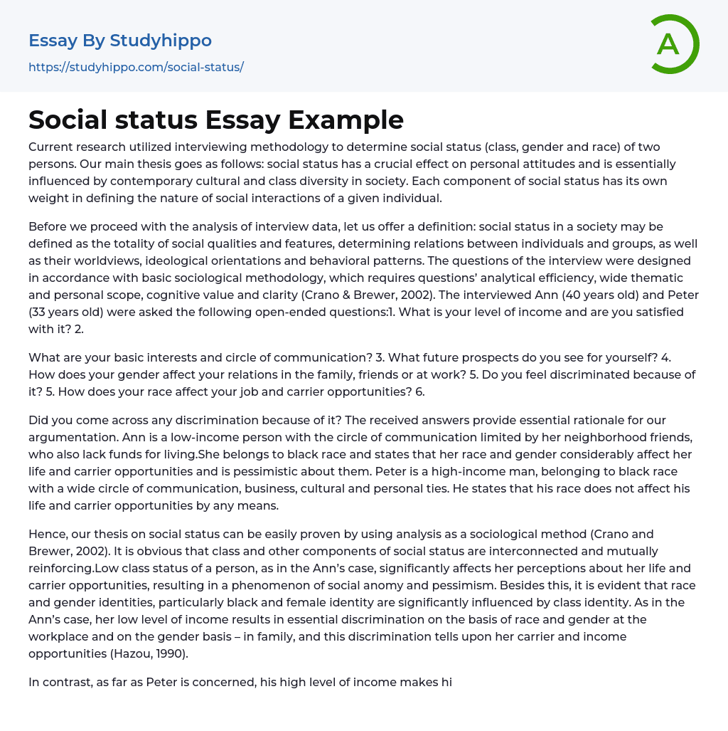 Social status Essay Example