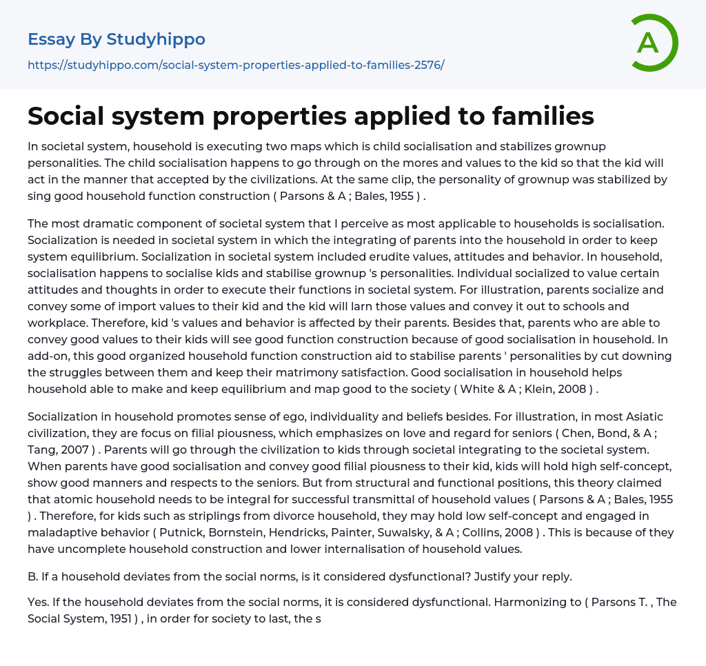 Social system properties applied to families Essay Example