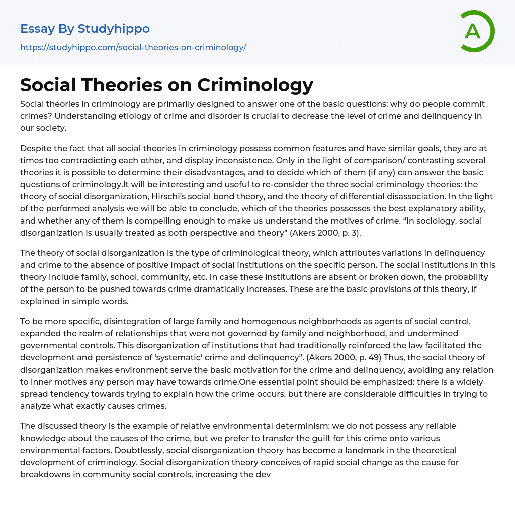 Social Theories on Criminology Essay Example
