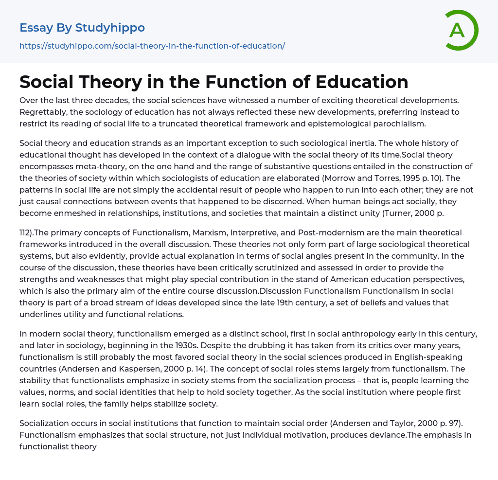 Social Theory in the Function of Education Essay Example