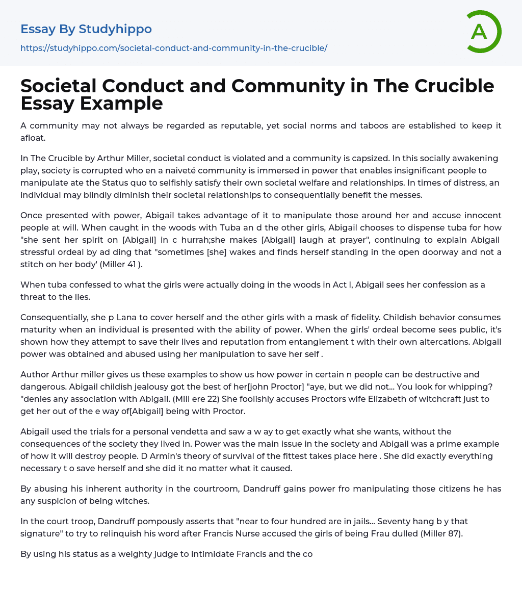 Societal Conduct and Community in The Crucible Essay Example