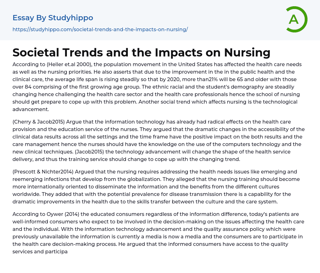 Societal Trends and the Impacts on Nursing Essay Example