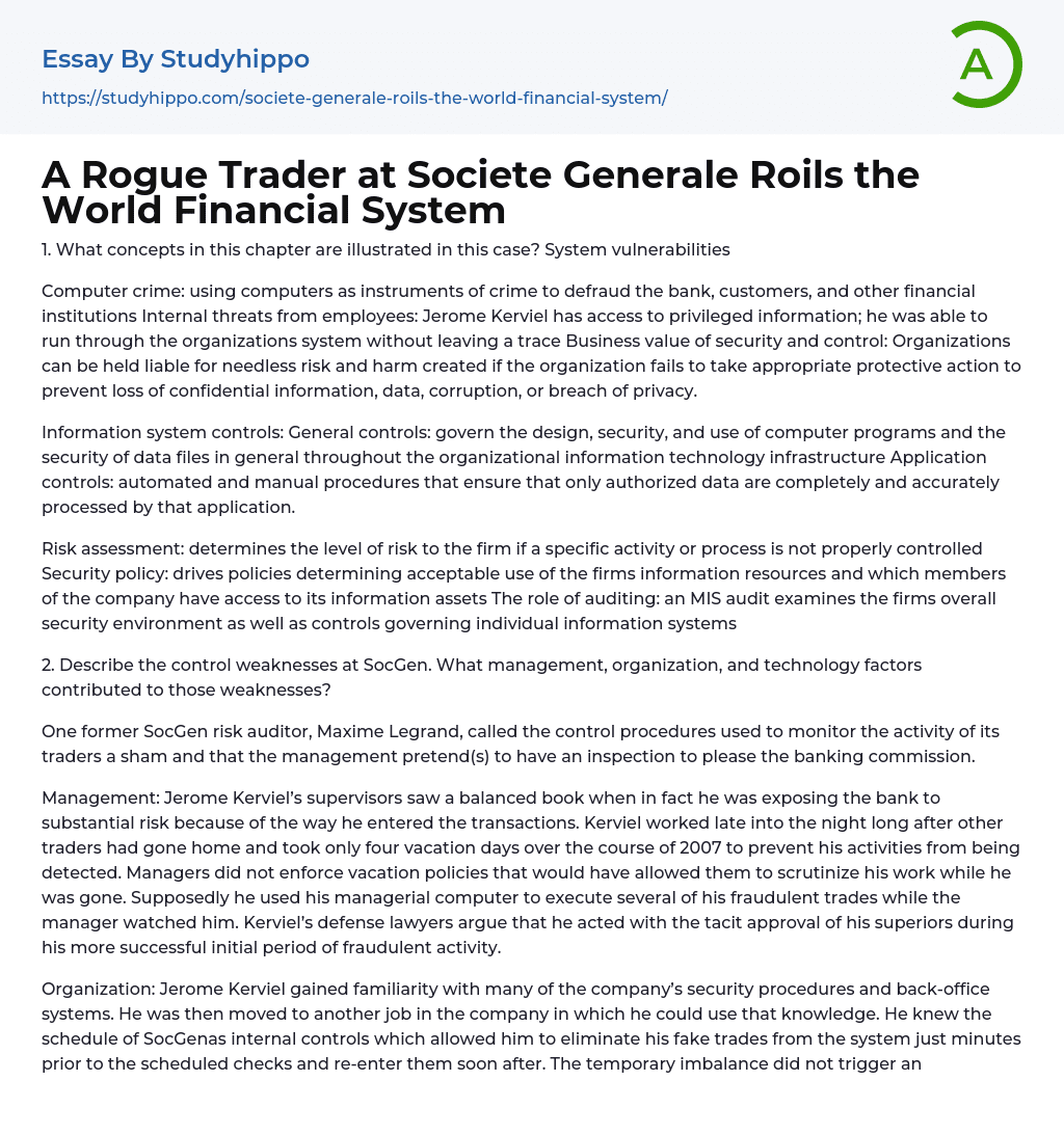 A Rogue Trader at Societe Generale Roils the World Financial System Essay Example