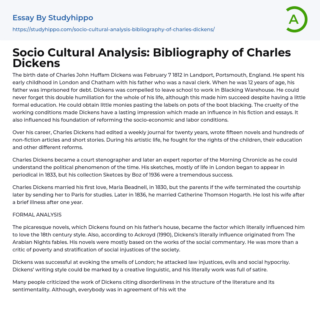 Socio Cultural Analysis: Bibliography of Charles Dickens Essay Example