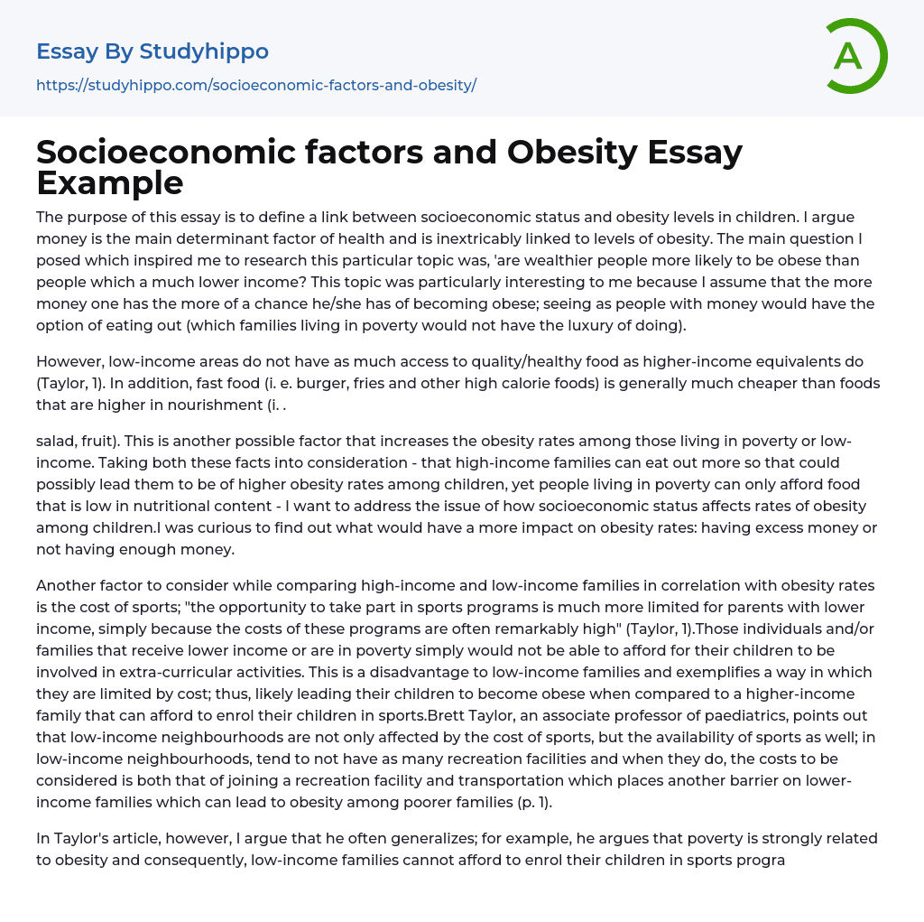Socioeconomic factors and Obesity Essay Example