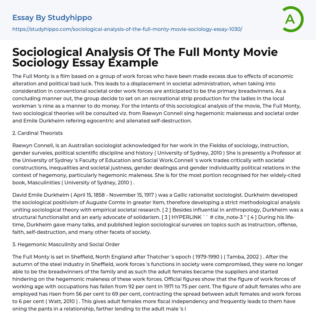 Sociological Analysis Of The Full Monty Movie Sociology Essay Example