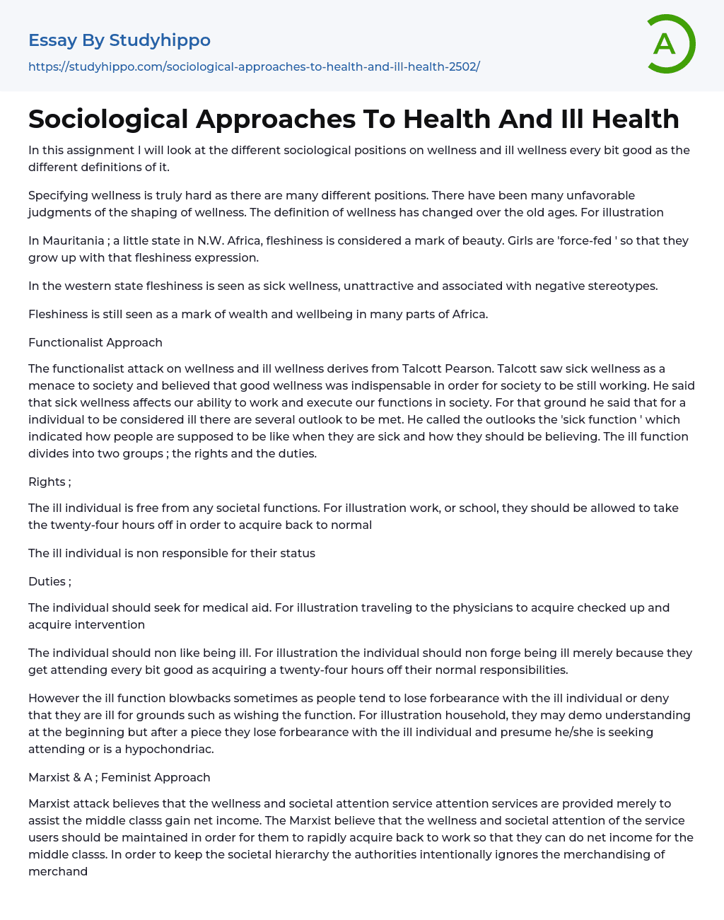 Sociological Approaches To Health And Ill Health Essay Example