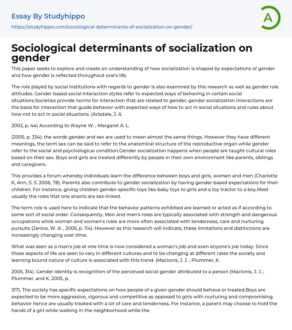 Sociological determinants of socialization on gender Essay Example
