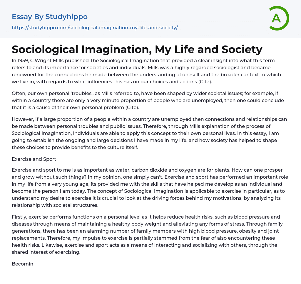 Sociological Imagination, My Life and Society Essay Example