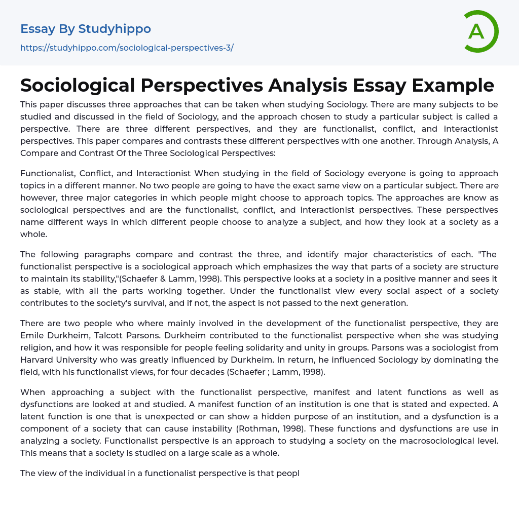 Sociological Perspectives Analysis Essay Example